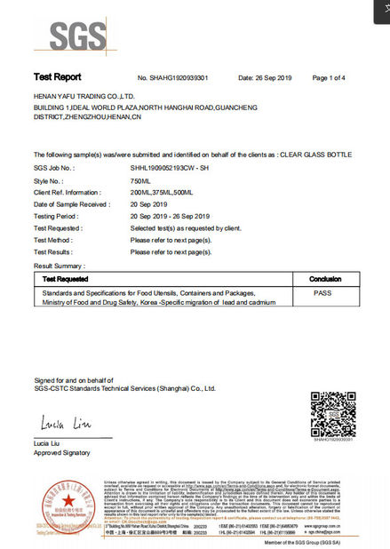 Chine China Yafu Glassware Co., Ltd. Certifications